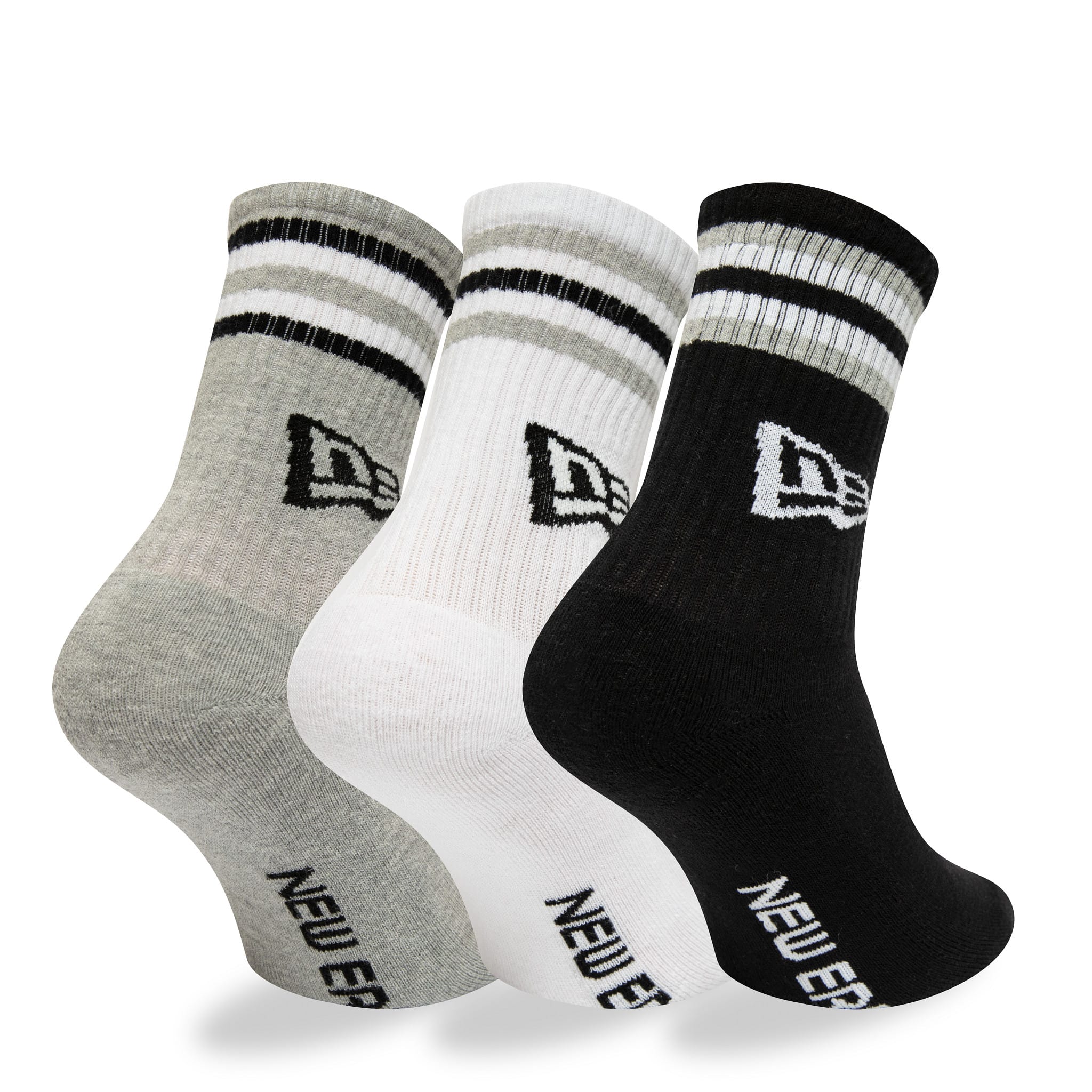 New Era Retro Stripe 3 Pack Crew Black, Grey and White Socks-kentox