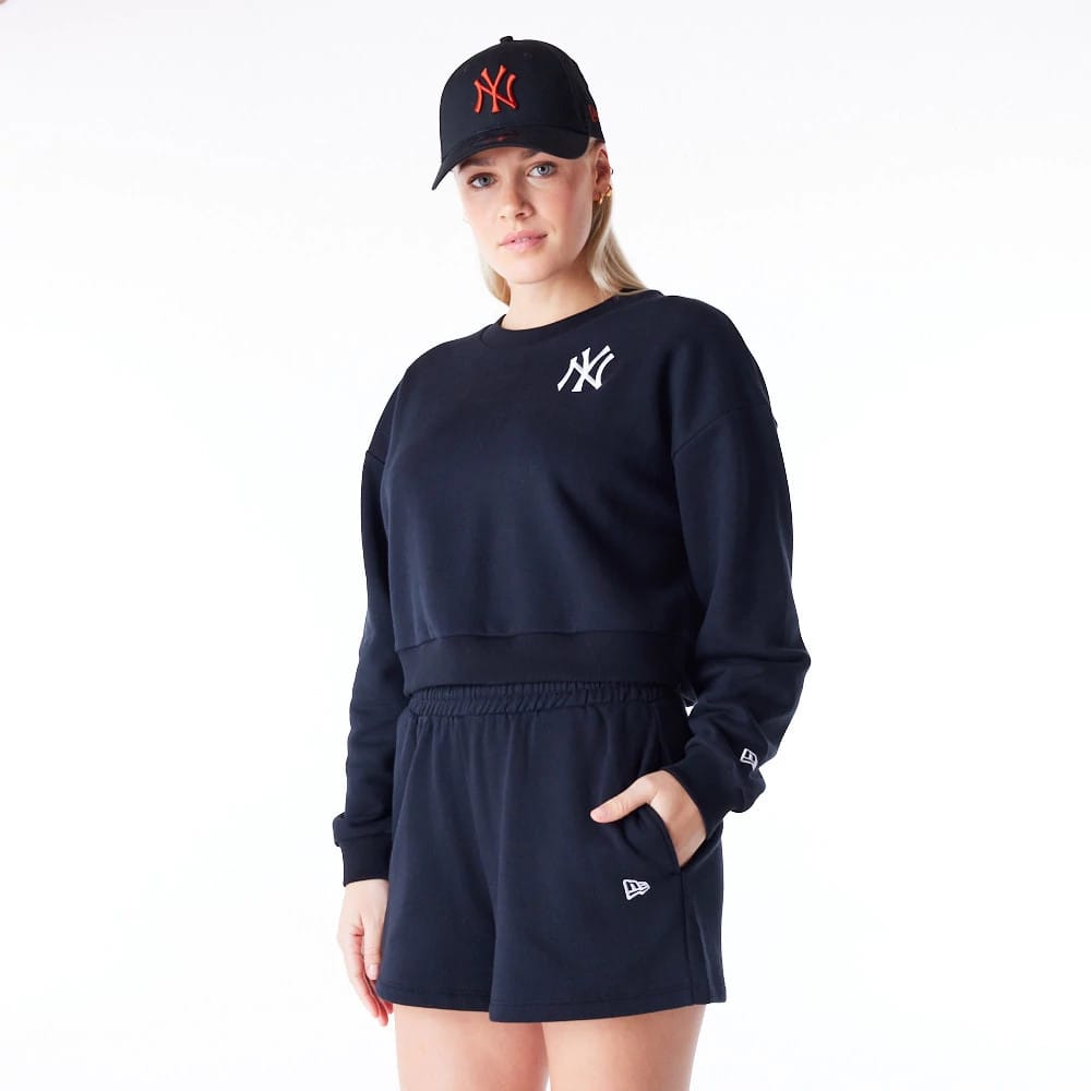 New York Yankees Womens MLB League Essential Black Crop Crew Neck Sweatshirt-kentox