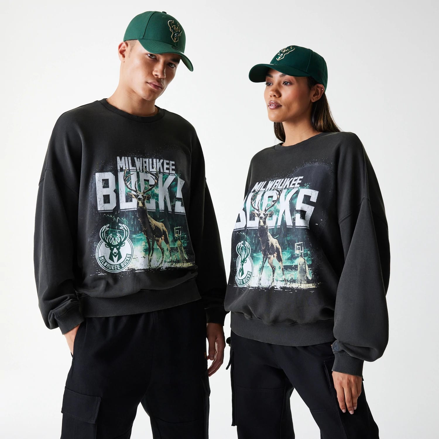 Milwaukee Bucks NBA Washed Graphic Grey Oversized Crew Neck Sweater-kentox