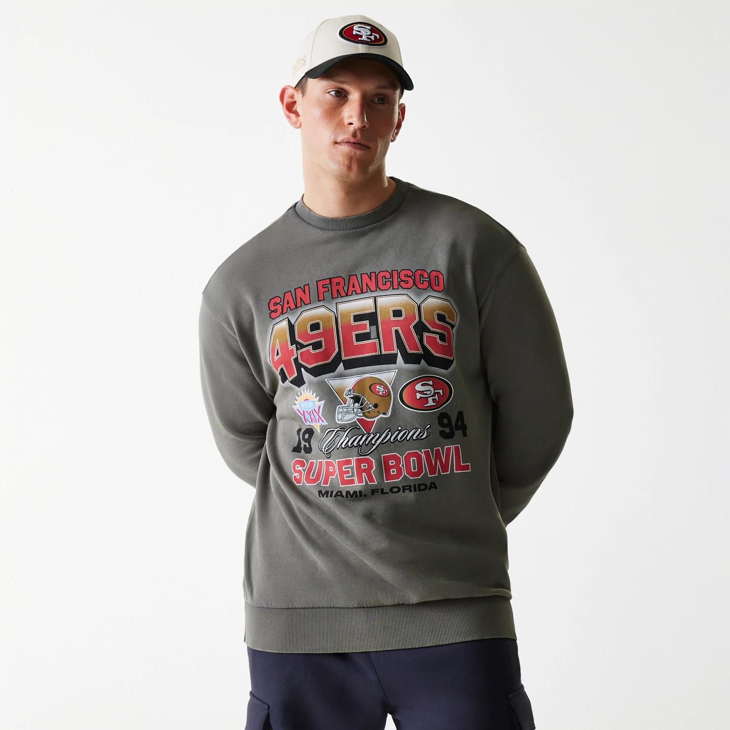 San Francisco 49ers NFL Washed Super Bowl Grey Oversized Crew Neck Sweater-kentox