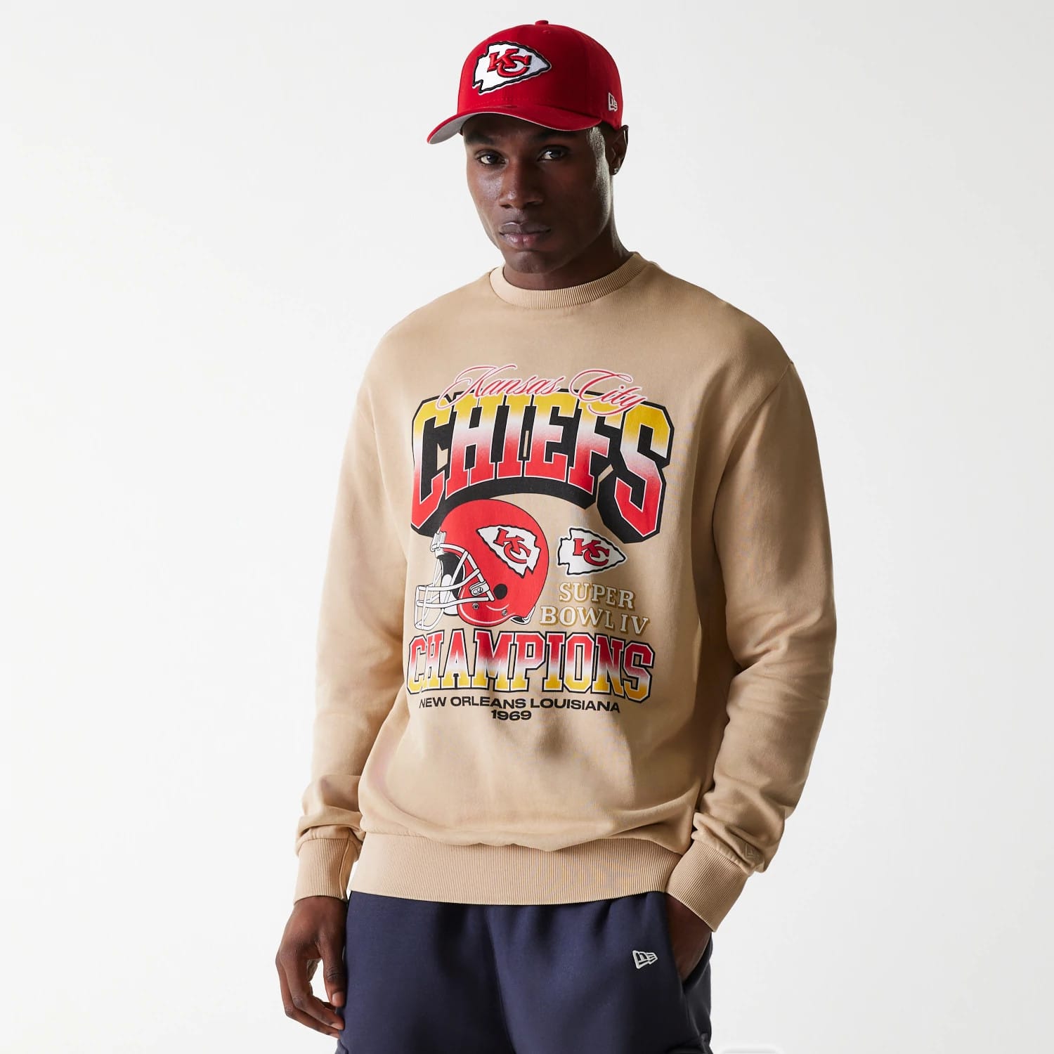 Kansas City Chiefs NFL Washed Super Bowl Beige Oversized Crew Neck Sweater-kentox