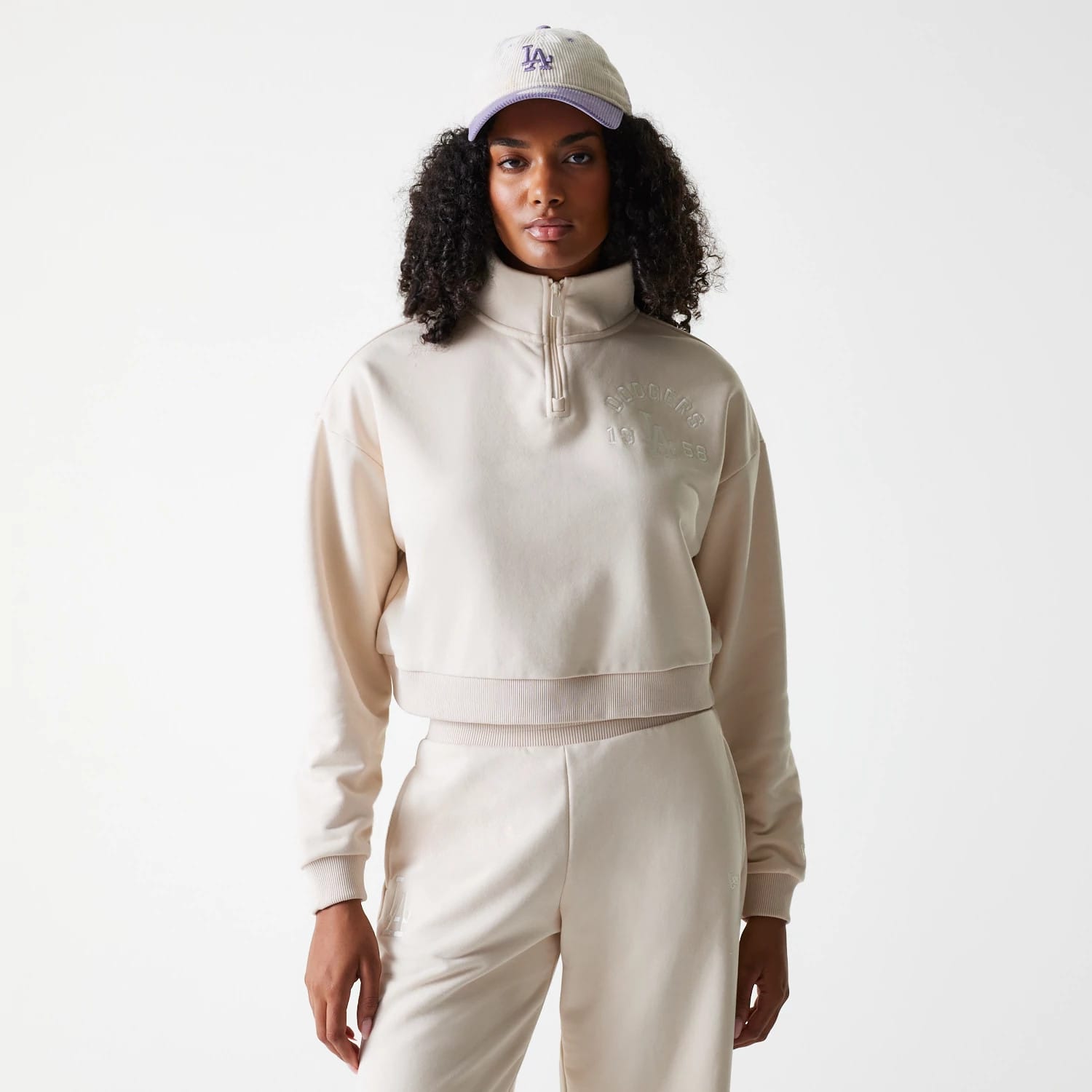 LA Dodgers Womens MLB Tonal Light Beige Cropped 1/4 Zip Sweater-kentox