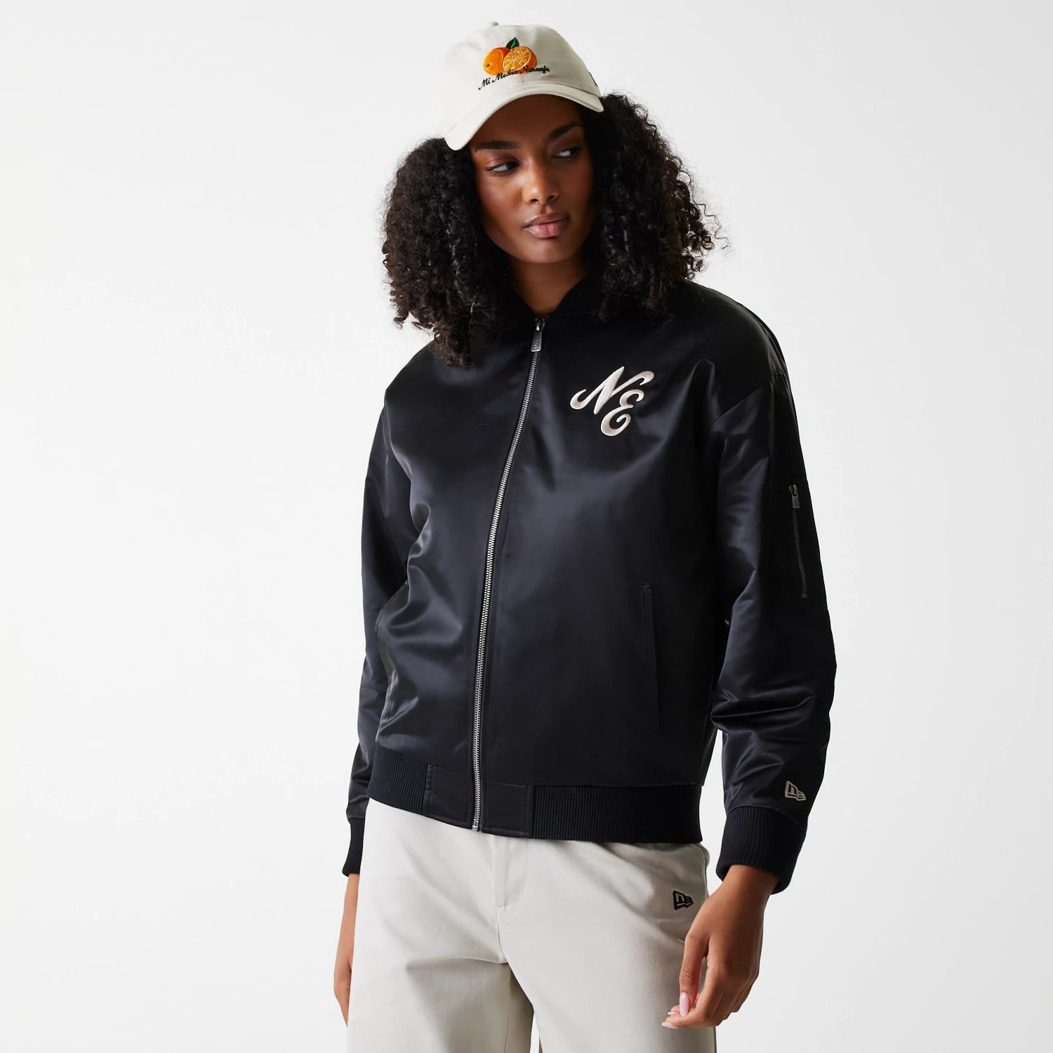 Womens New Era Black Satin Bomber Jacket-kentox
