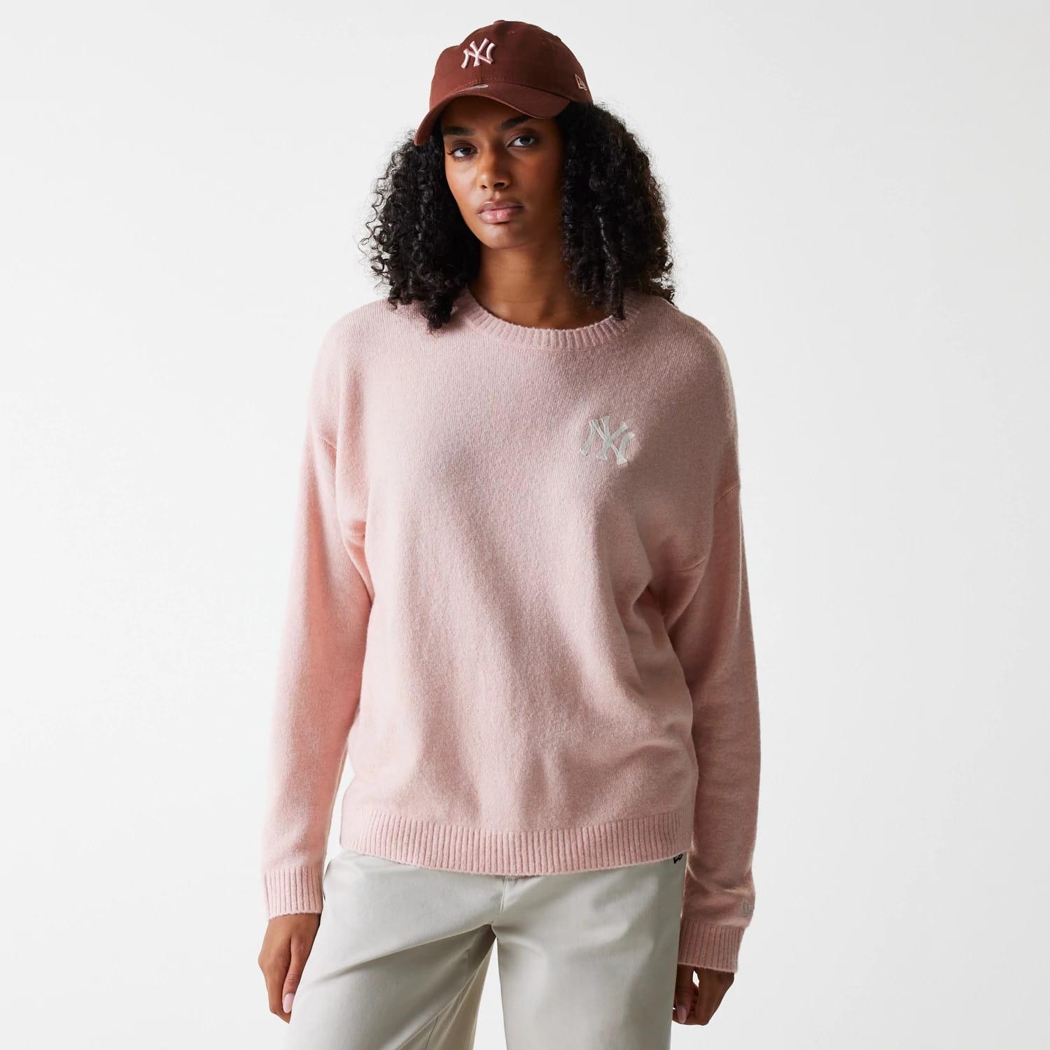 New York Yankees Womens MLB Knit Pastel Pink Crew Neck Sweater-kentox