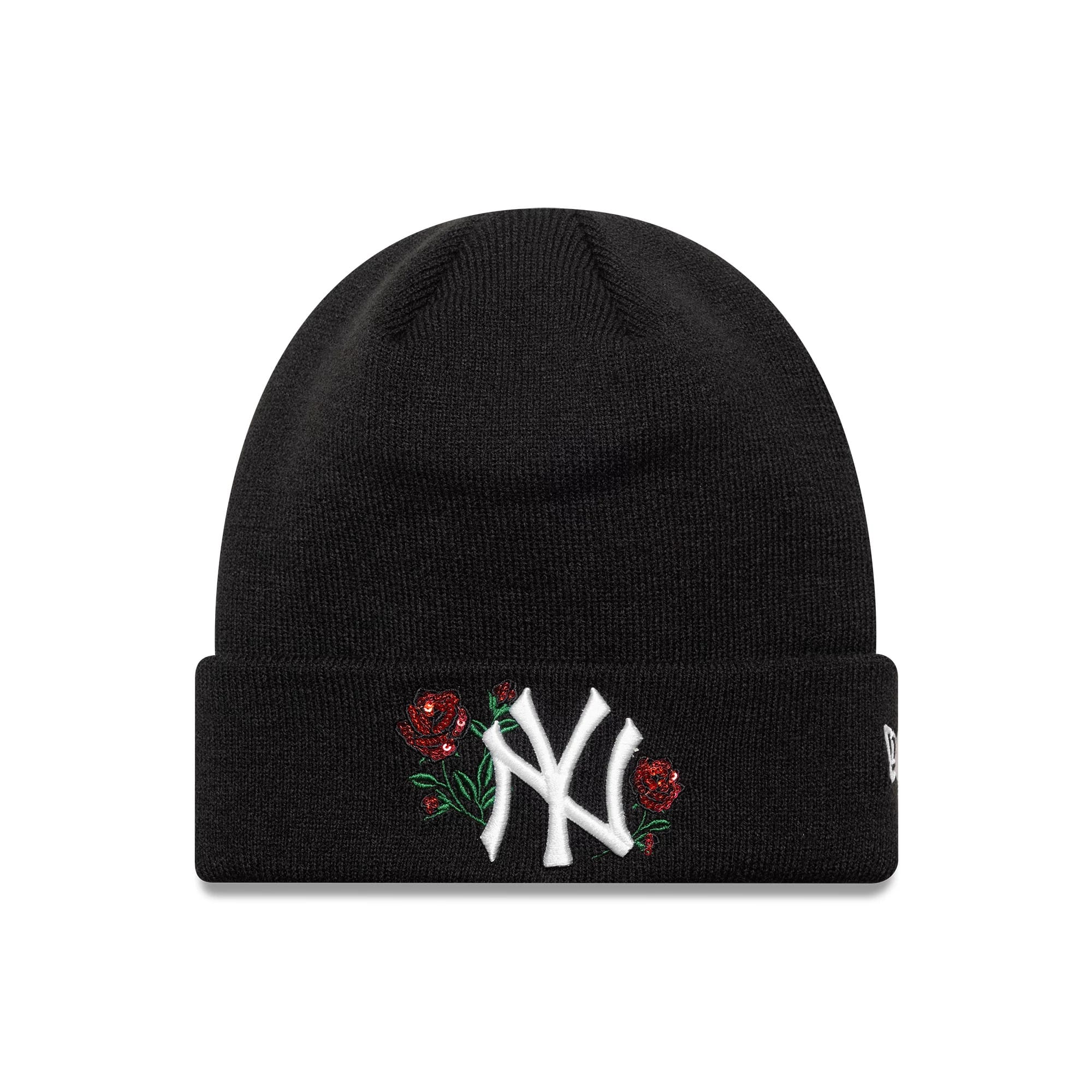 New York Yankees MLB Sequin Rose Black Cuff Knit Beanie Hat-kentox