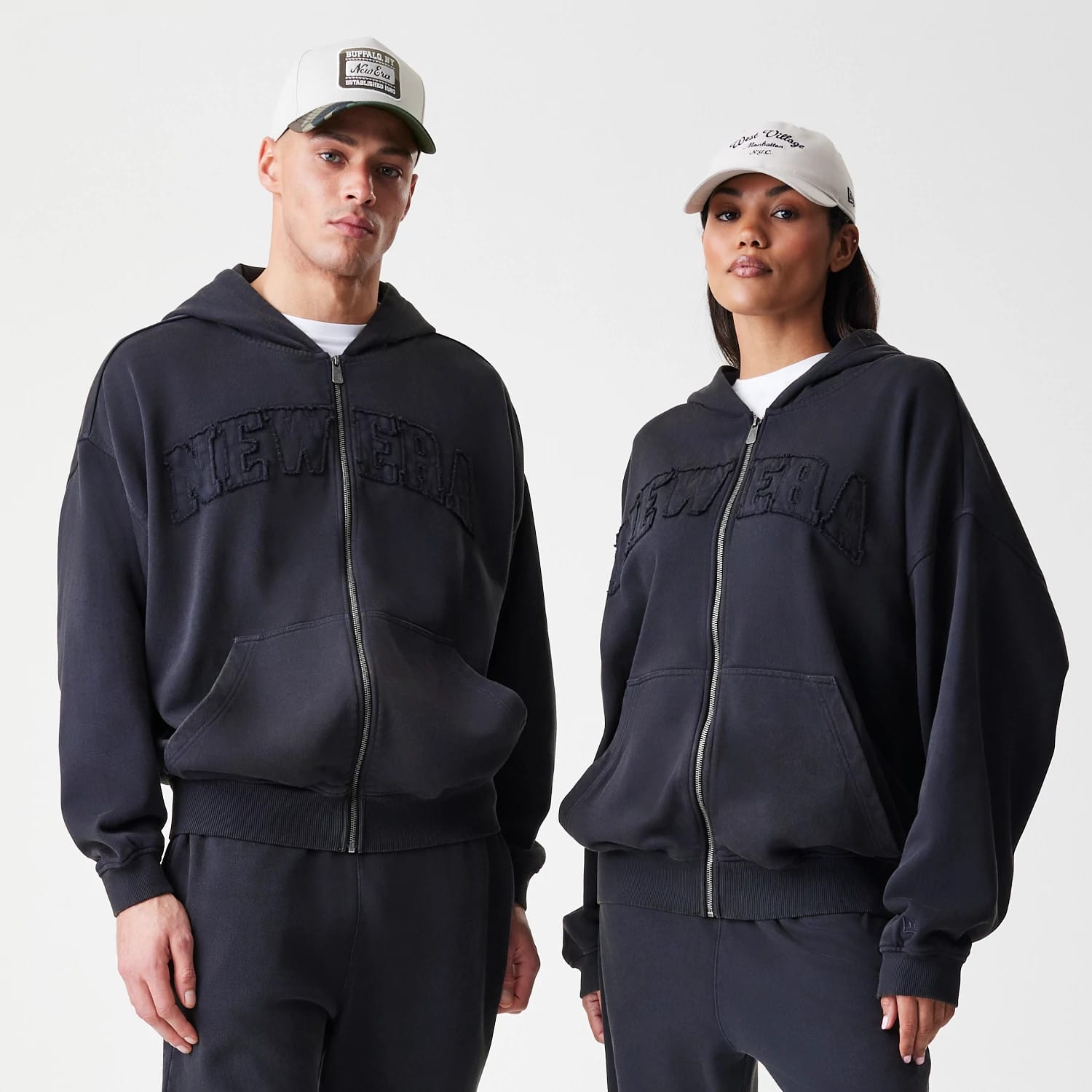 New Era Washed Black Oversized Full Zip Hoodie-kentox
