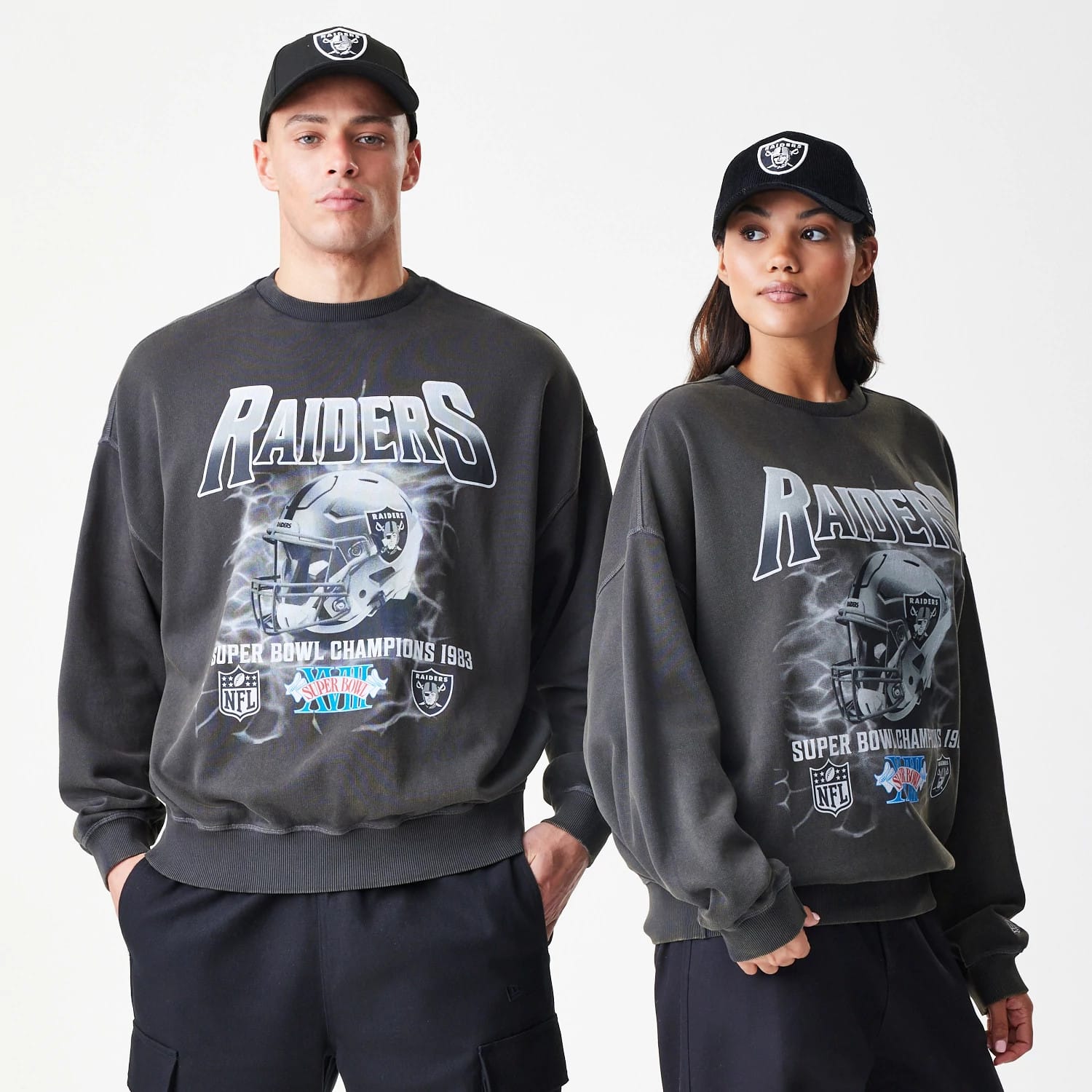 Las Vegas Raiders NFL Washed Boxy Dark Grey Oversized Crew Neck Sweater-kentox