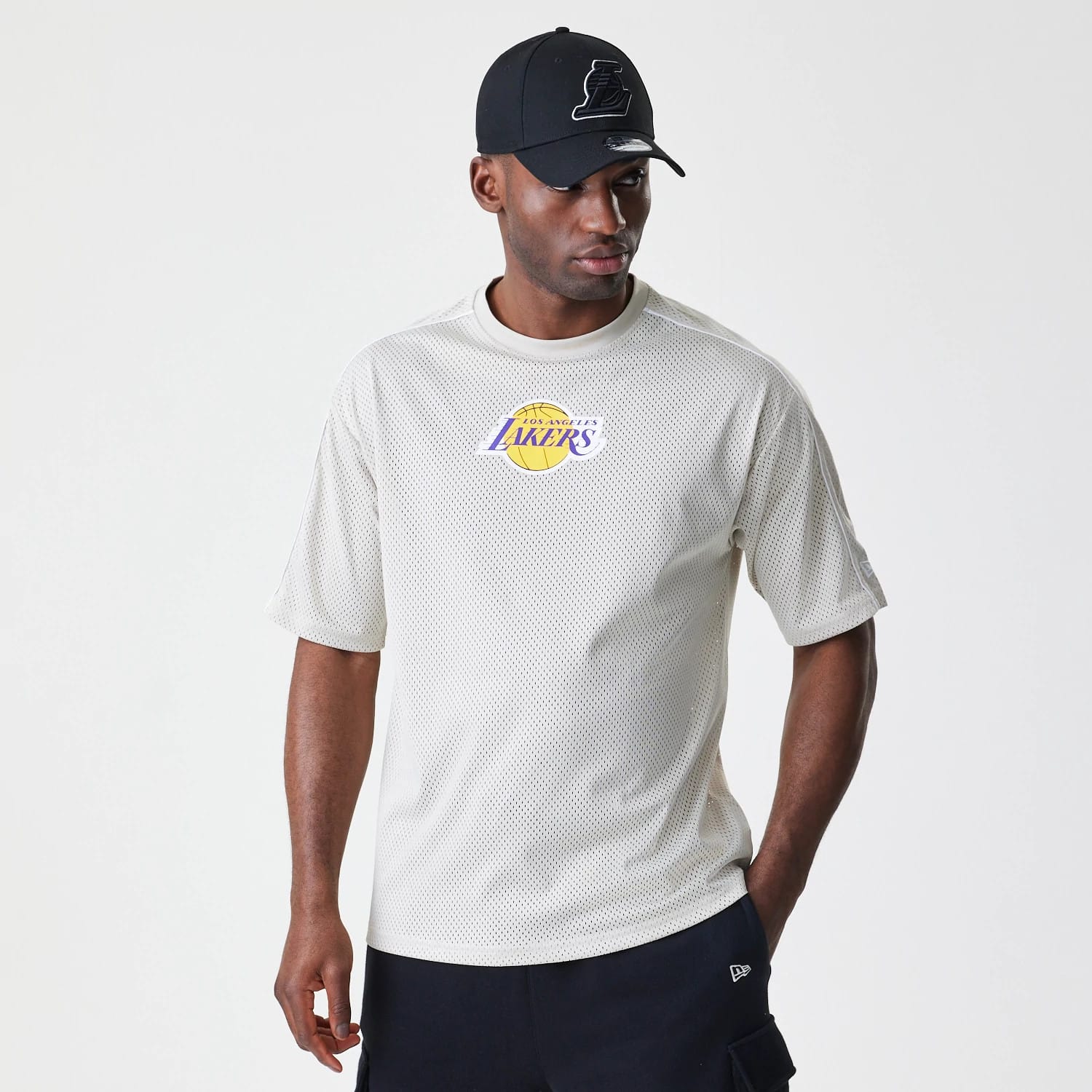 LA Lakers NBA Piping Light Beige Oversized Mesh T-Shirt-kentox