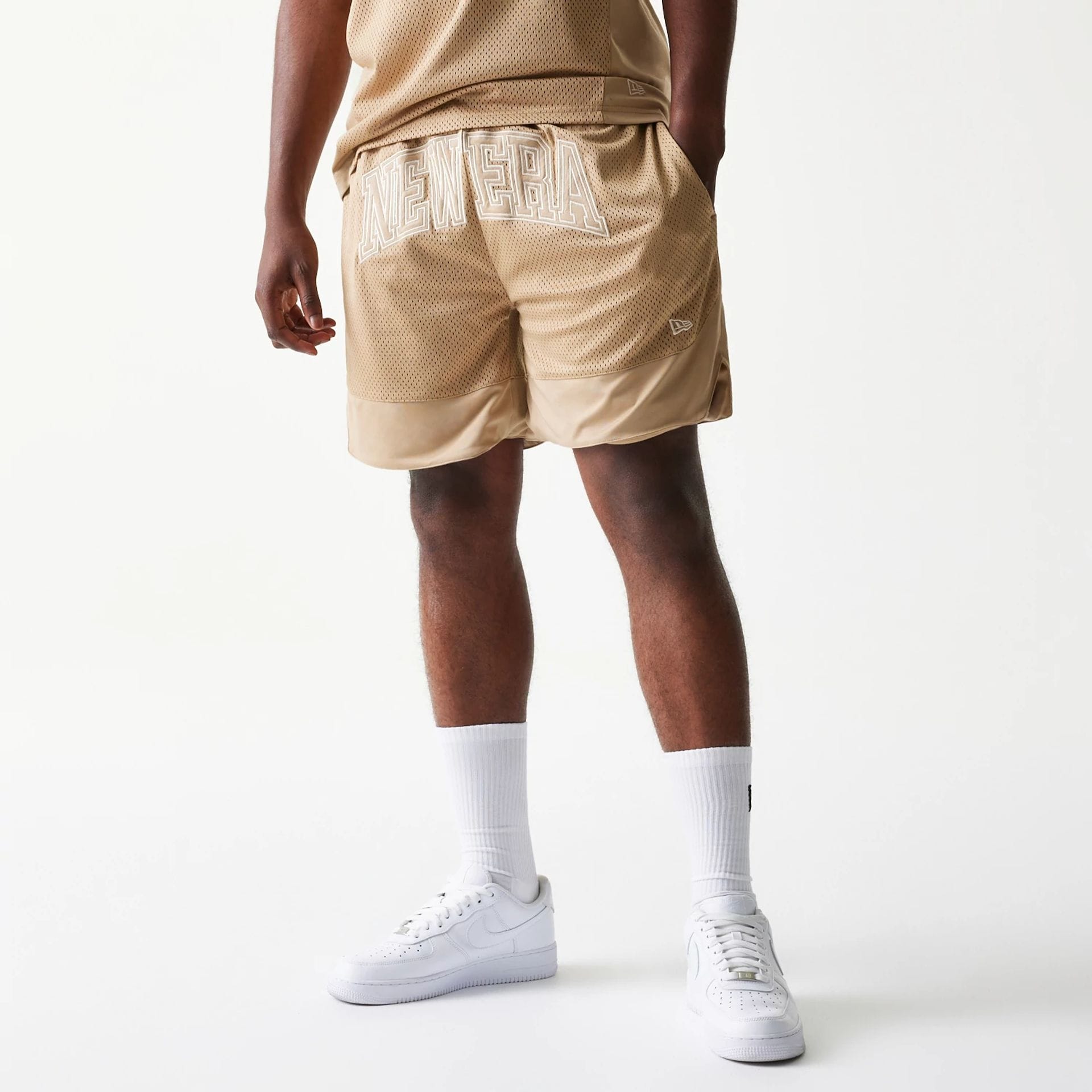 New Era Mesh Graphic Light Beige Oversized Shorts-kentox