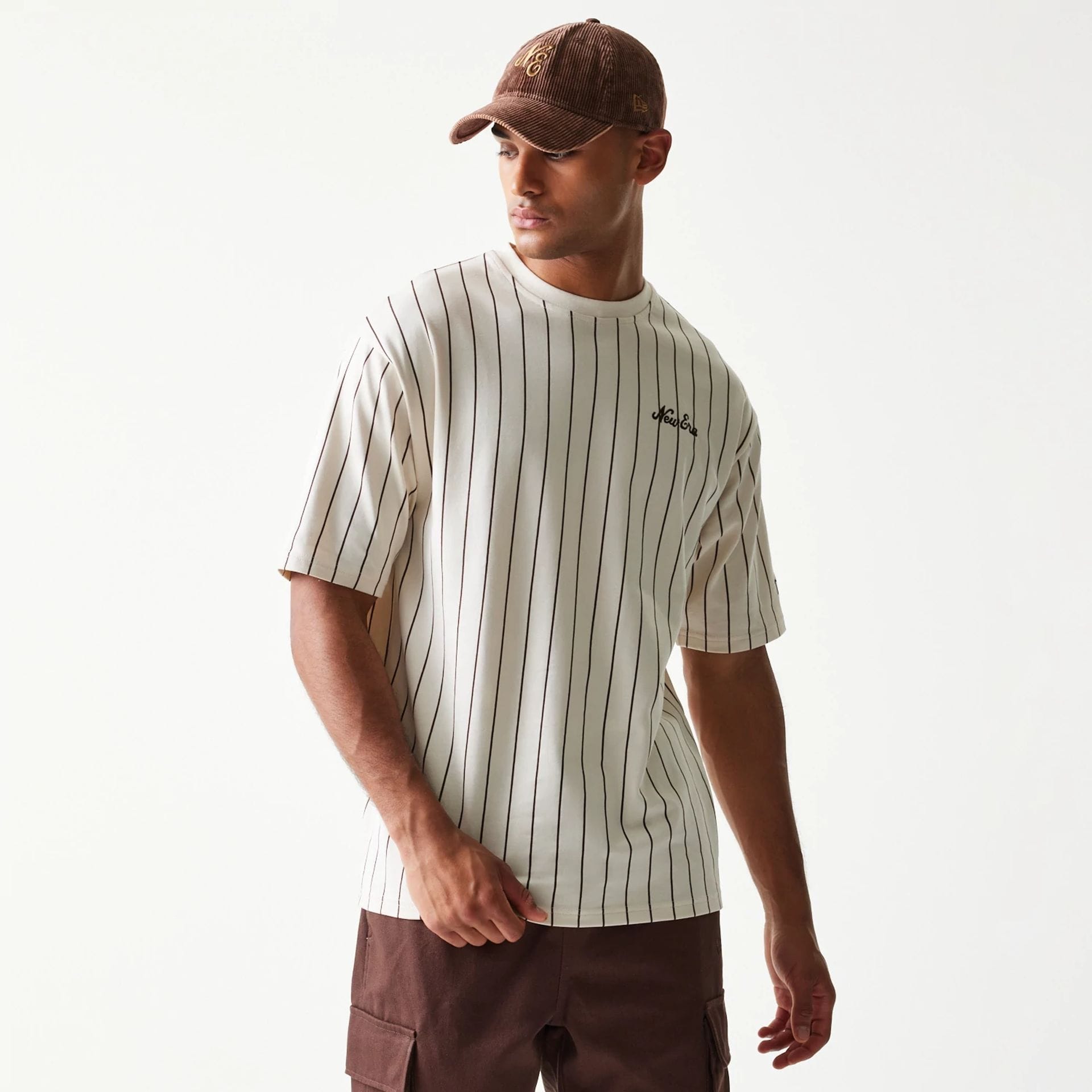 New Era Pinstripe Light Beige Oversized T-Shirt-kentox