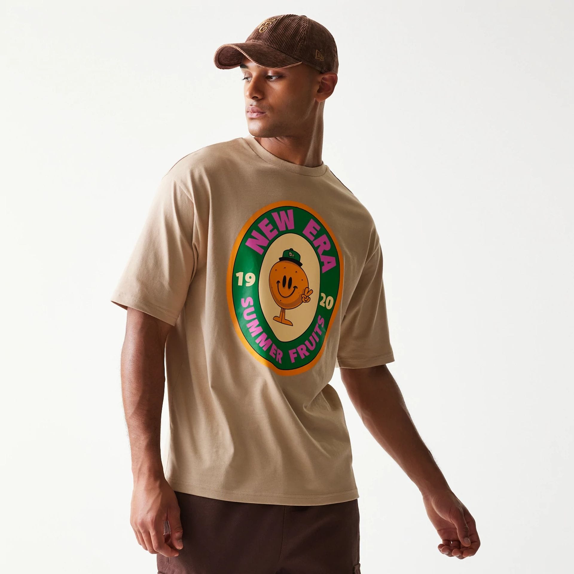 New Era Orange Fruit Graphic Light Beige Oversized T-Shirt-kentox