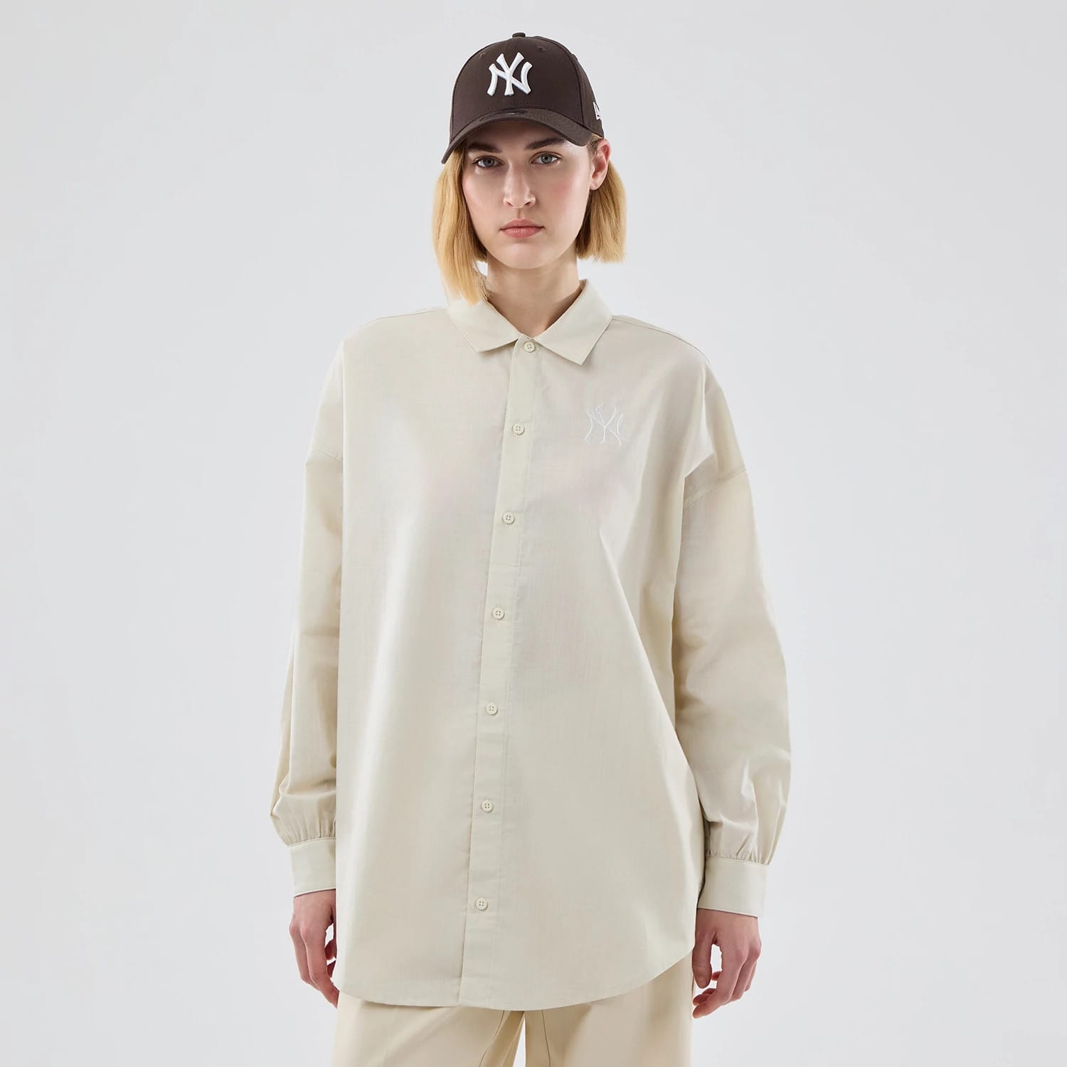 New York Yankees Womens MLB Shirt Cream Long Sleeve Shirt-kentox