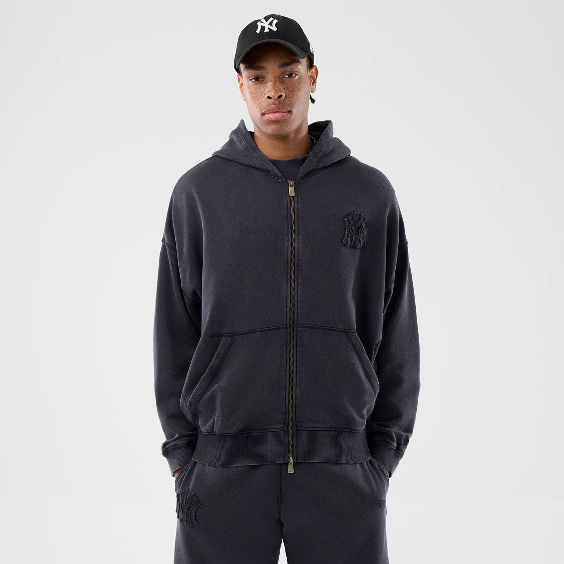 New York Yankees MLB Washed Black Full Zip Hoodie-kentox