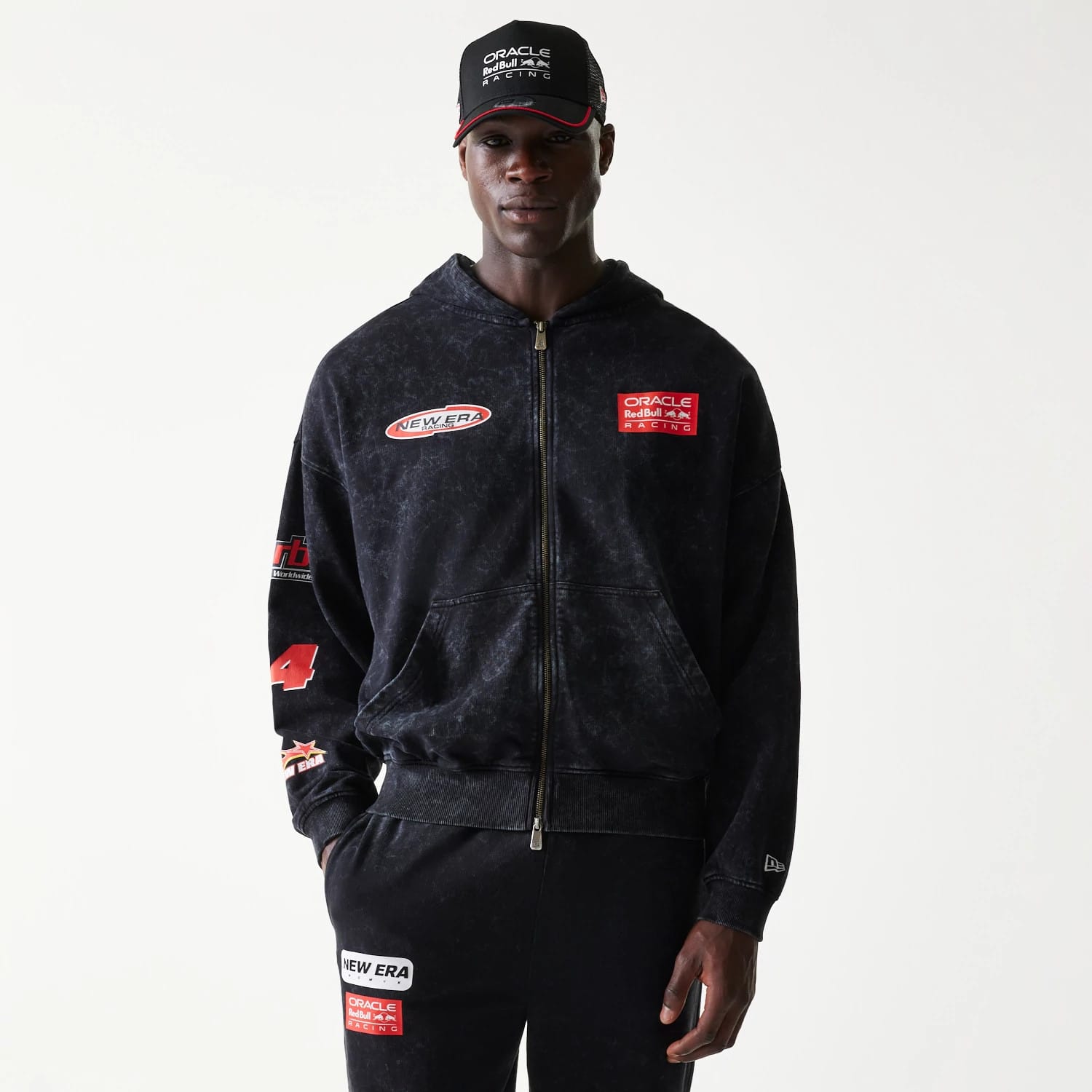 Red Bull Racing Graphic Black Dropped Shoulder Full Zip Hoodie-kentox