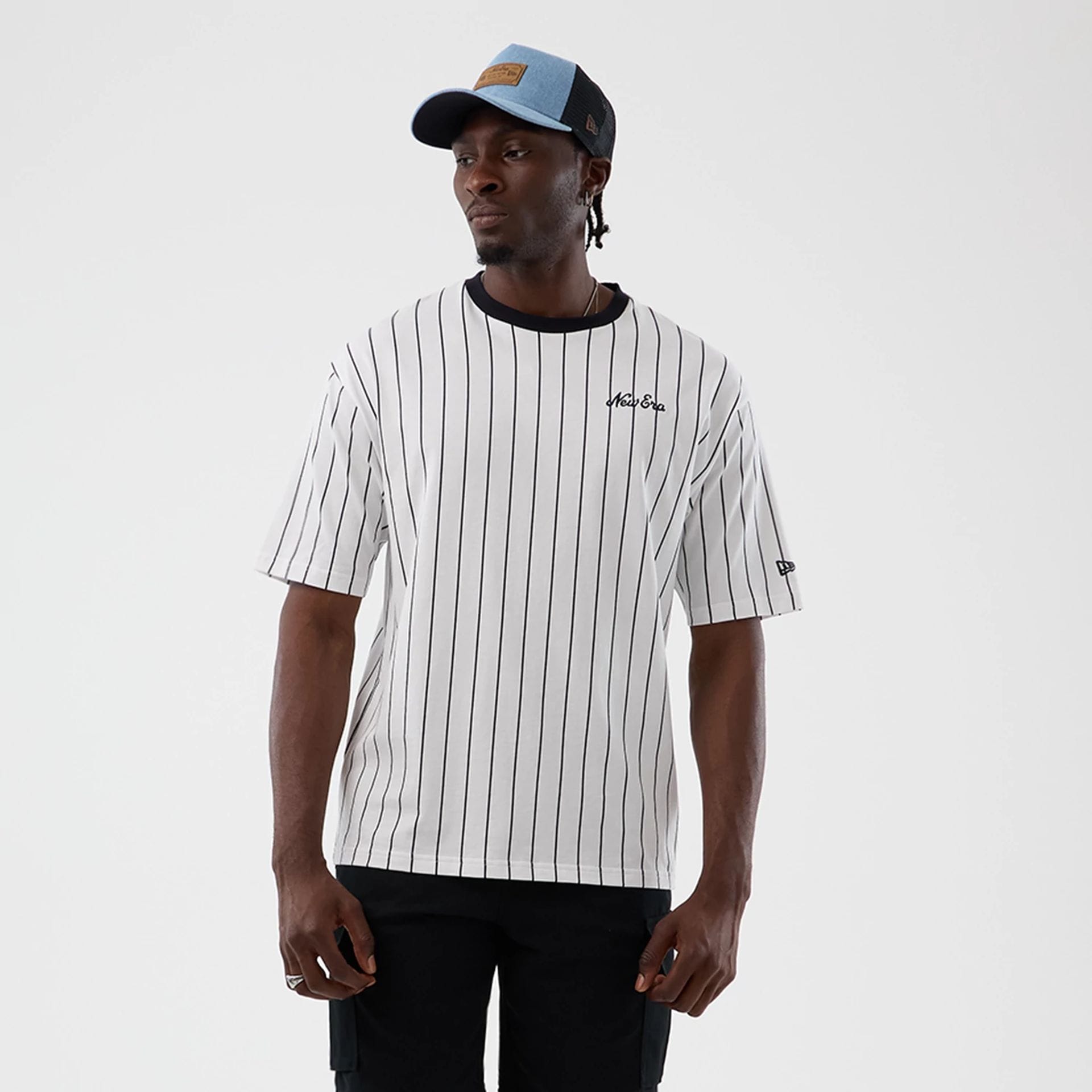 New Era Pinstripe Open White Oversized T-Shirt-kentox