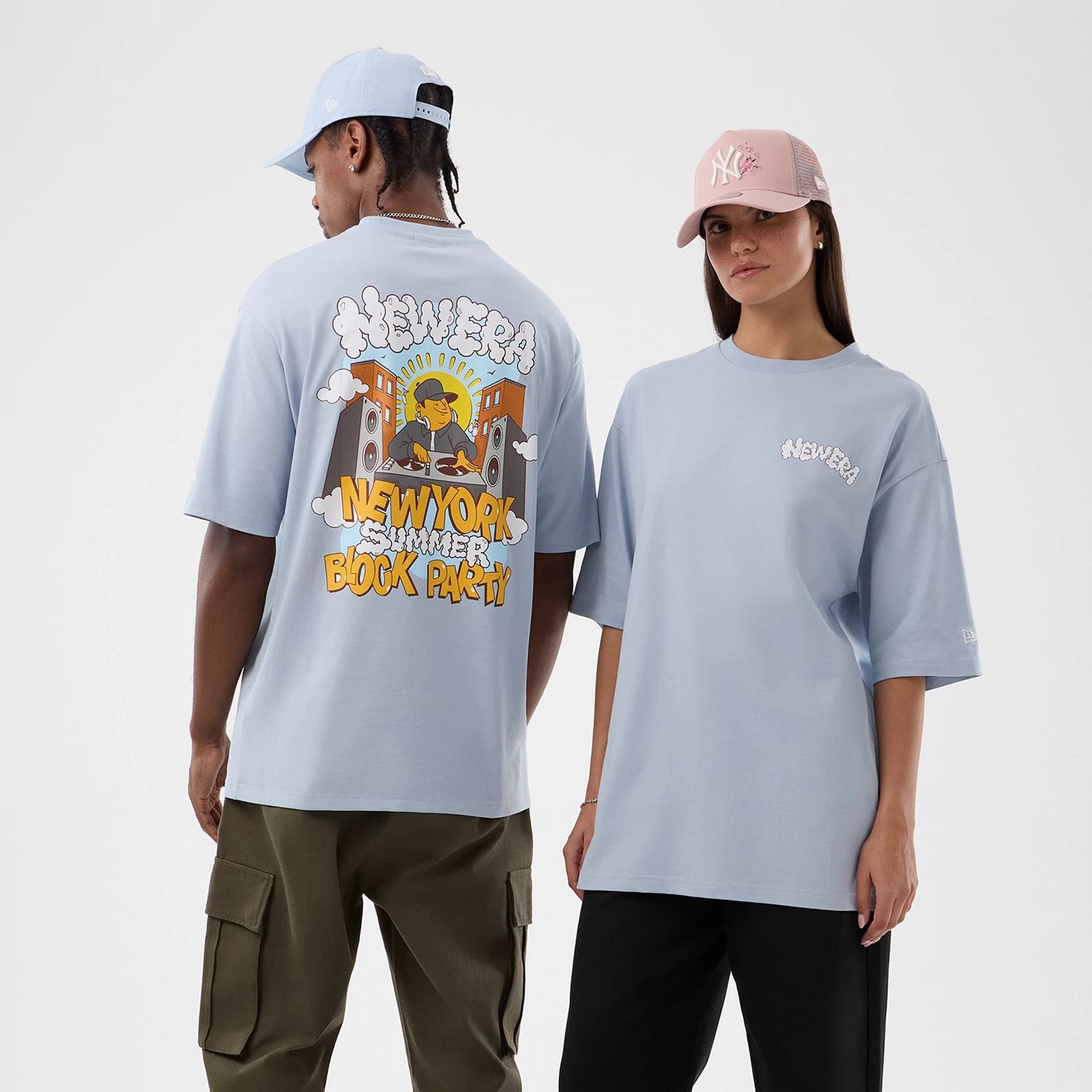 New Era Fun Block Party Graphic Pastel Blue Oversized T-Shirt-kentox