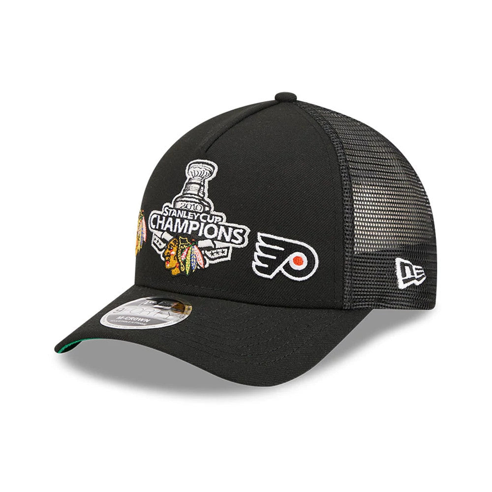 Blackhawks NHL Stanley Cup Black 9FORTY M-Crown A-Frame Trucker Adjustable Cap-kentox