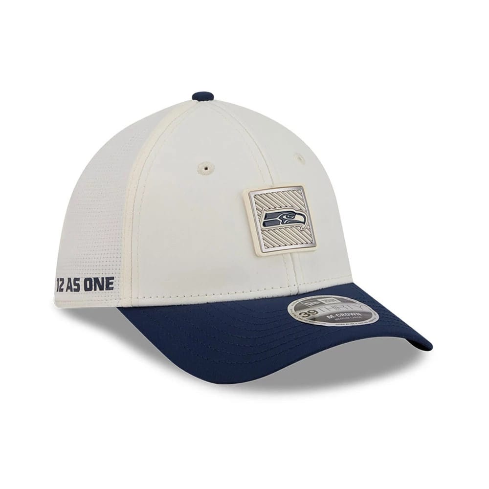 Seattle Seahawks NFL Training 2026 White 39THIRTY M-Crown Stretch Fit Cap-kentox