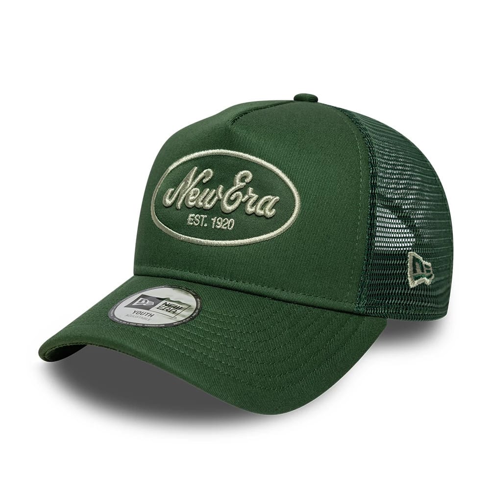 Youth New Era Oval Patch Dark Green 9FORTY A-Frame Trucker Adjustable Cap-kentox