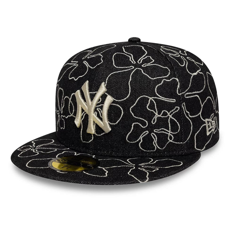 New York Yankees MLB Floral Denim Black 59FIFTY Fitted Cap-kentox