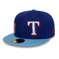 Texas Rangers MLB Multi Logo Satin Lined Dark Blue 59FIFTY Fitted Cap-kentox