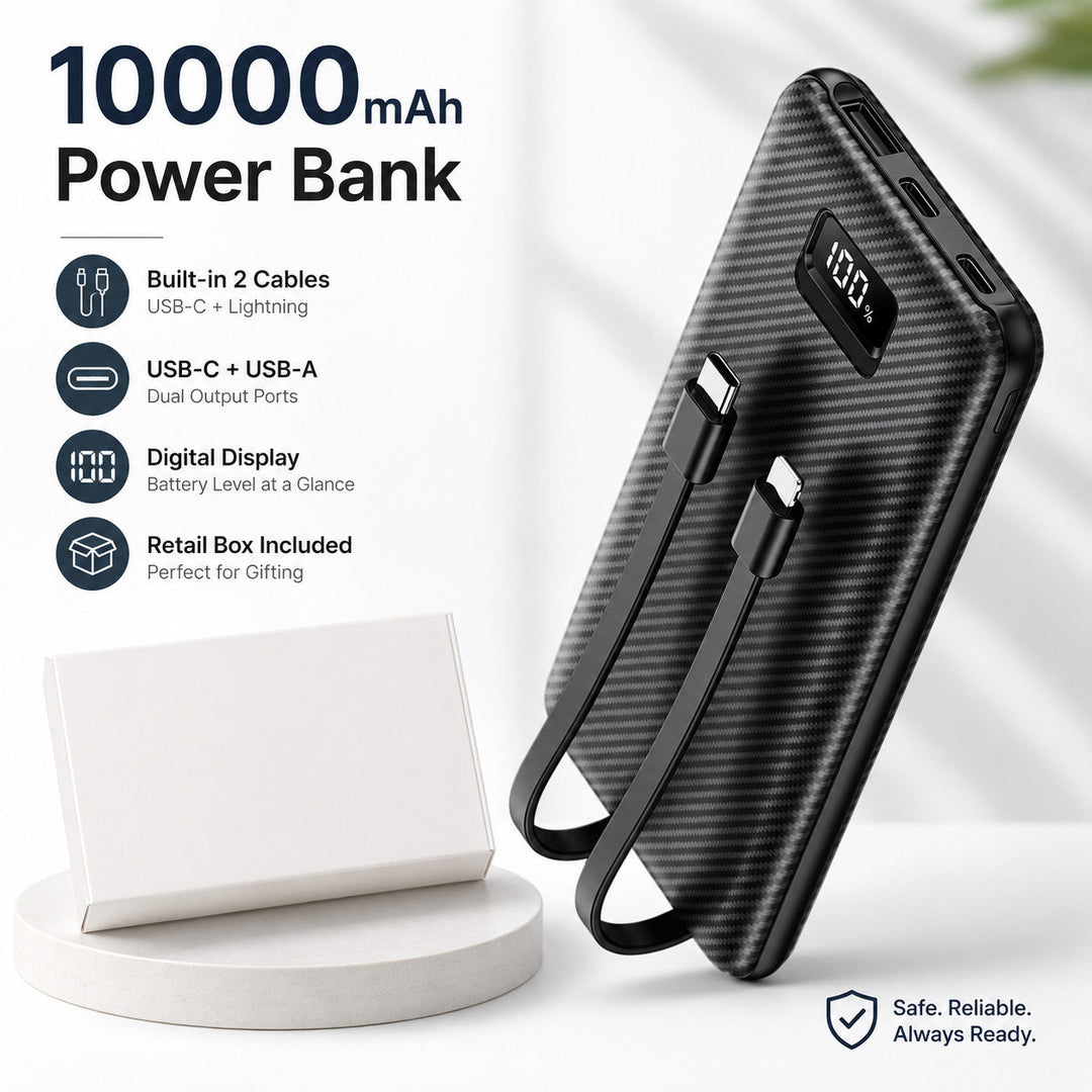 10000mAh Portable Power Bank with Built-in Cables – USB-C & USB-A