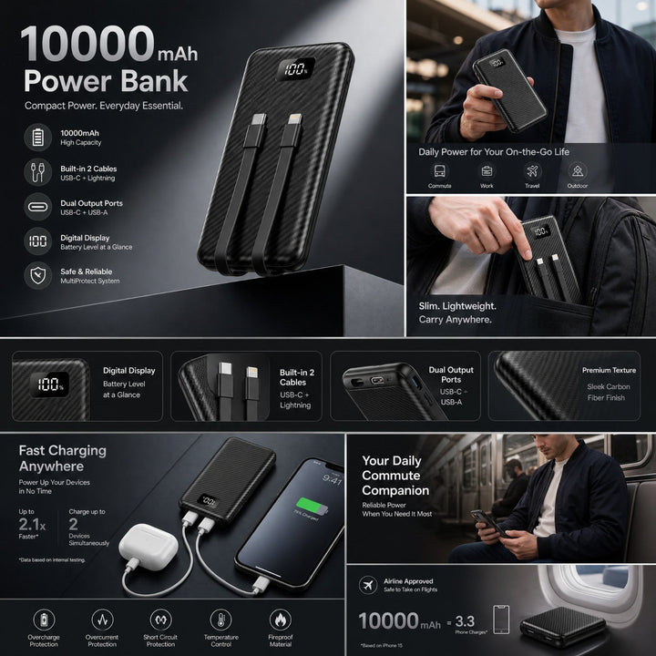 10000mAh Portable Power Bank with Built-in Cables – USB-C & USB-A